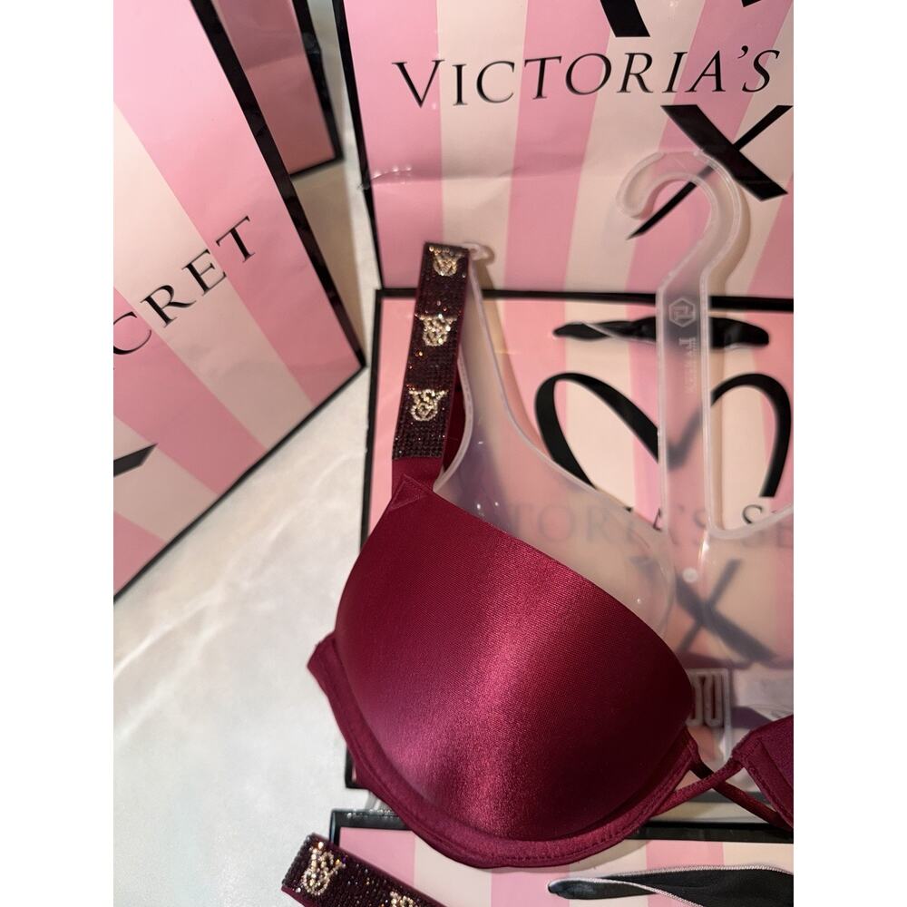 Victorias Secret Bra Bombshell Shine Strap 32B Small Satin Thong Burgundy - Picture 2 of 3